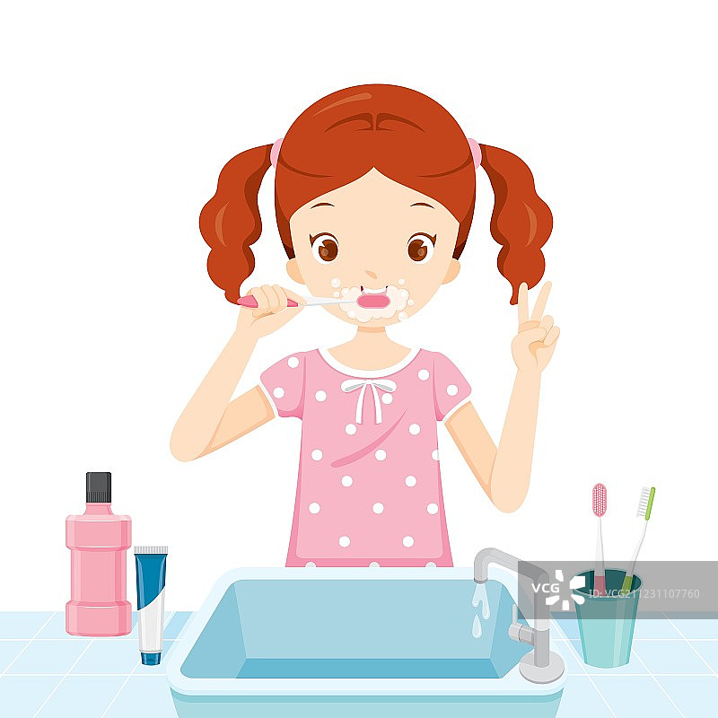 穿睡衣在浴室刷牙的女孩图片素材