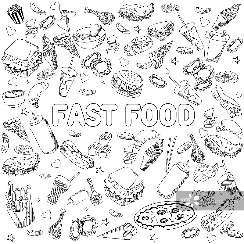 快餐食品填色书设计线稿图片素材