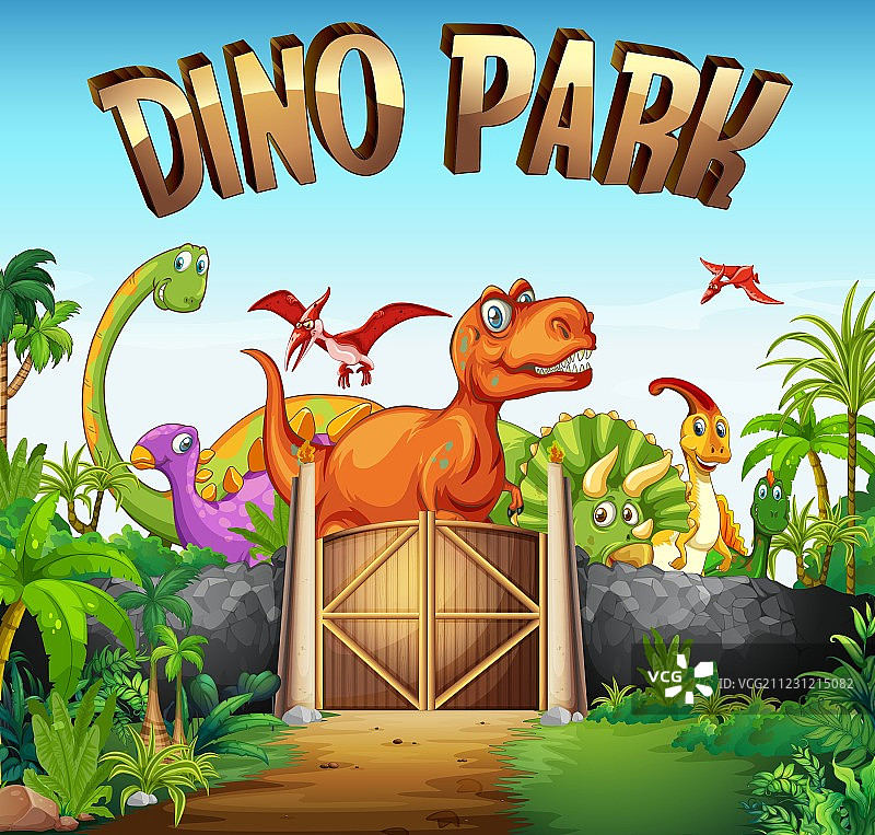 遍布恐龙的公园图片素材