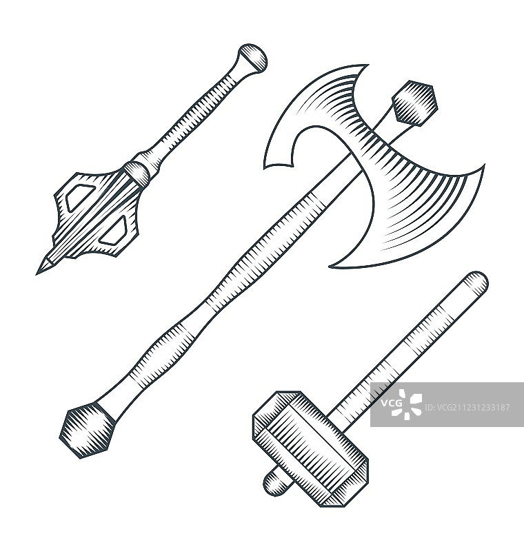 中世纪斧头战锤钉头锤雕刻风格图片素材