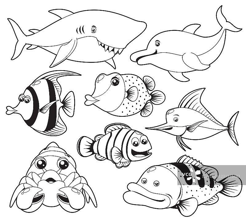 鱼类黑白图案合集图片素材