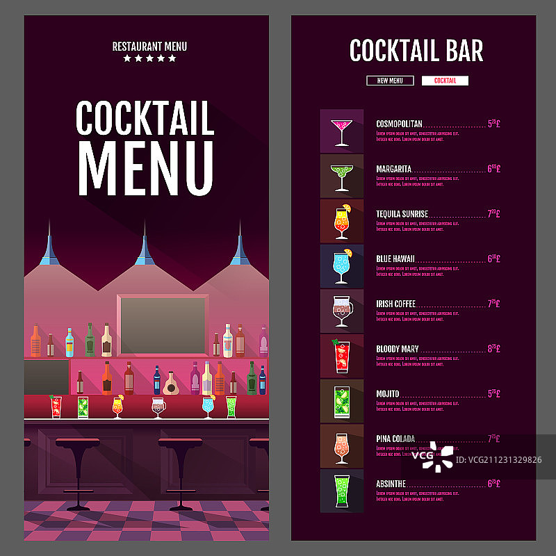 扁平风格鸡尾酒菜单设计与酒吧内景图片素材