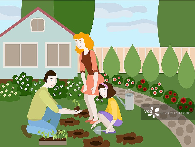 一家人在小院子里种花图片素材