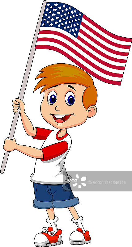可爱的卡通男孩挥舞着美国国旗图片素材