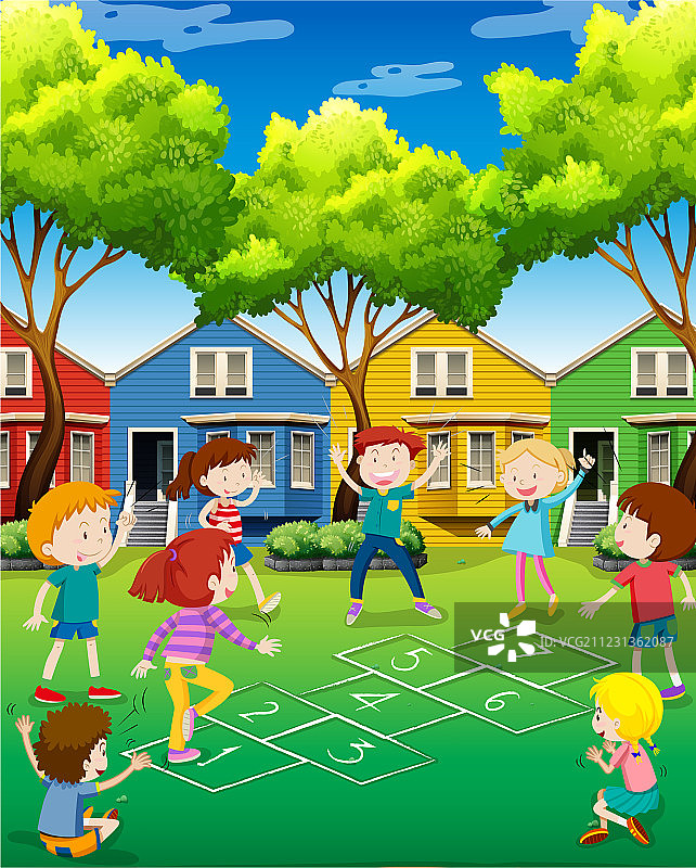 孩子们在院子里玩跳房子图片素材