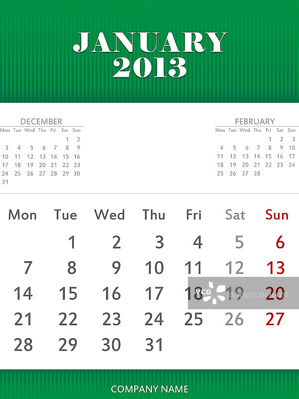 2013年1月日历设计图片素材