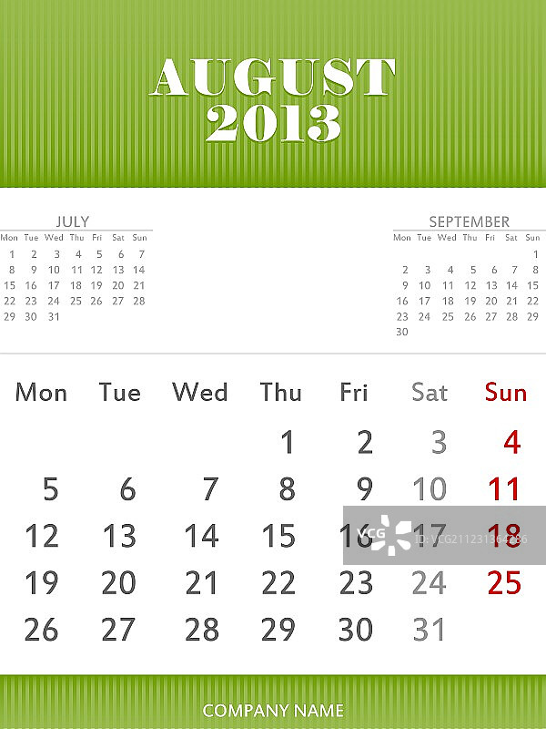 2013年8月日历设计图片素材