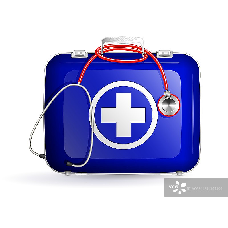白色背景上的带听诊器的急救箱图片素材