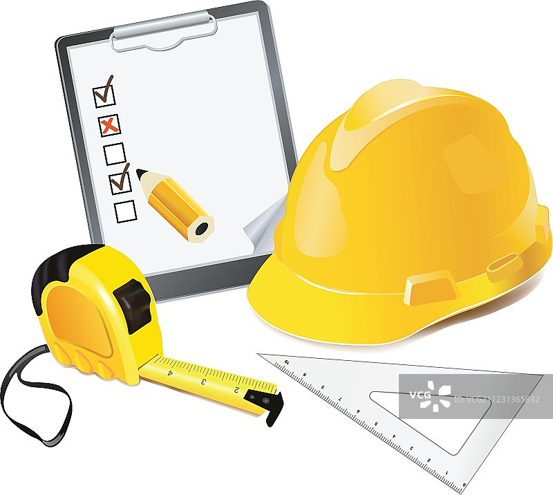 施工概念头盔、铅笔和尺子图片素材