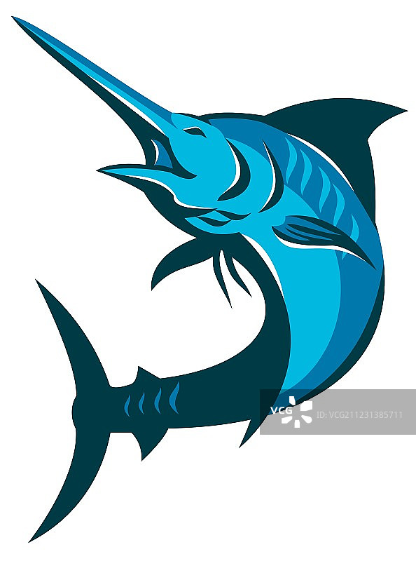 蓝枪鱼跳跃复古风格图片素材