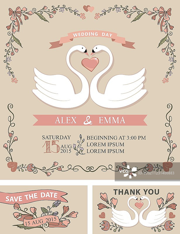 复古婚礼邀请函套装（天鹅和花卉装饰）图片素材