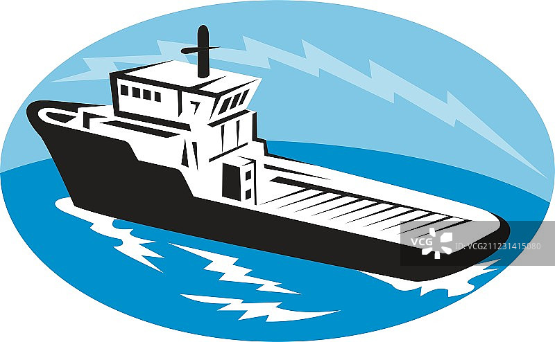 复古木刻风格海上拖船图片素材