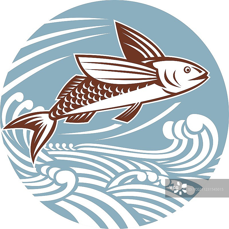 复古风格的飞鱼与海浪图片素材