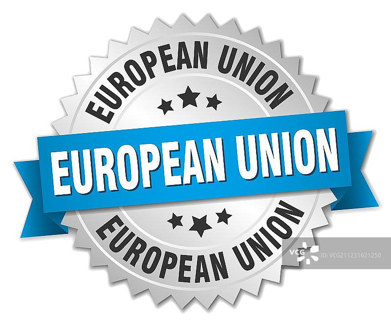 带蓝色丝带的欧盟圆形银色徽章图片素材