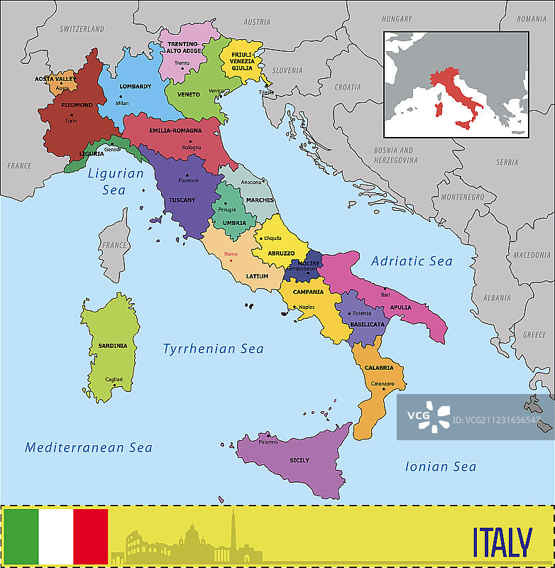 带有地区及其首府的意大利地图图片素材