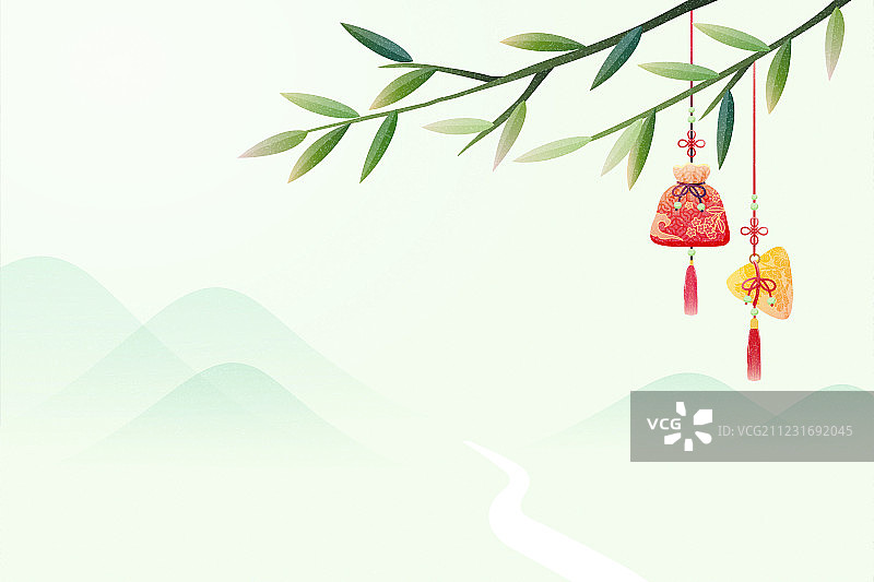 端午節香包與竹葉背景图片素材