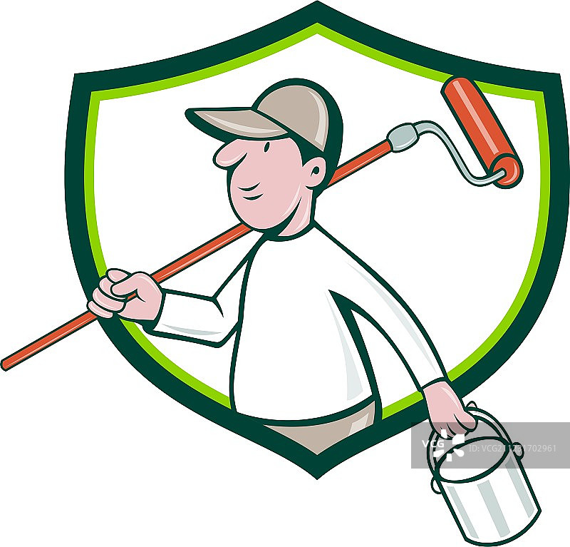 房屋油漆工滚筒油漆罐盾牌卡通图片素材