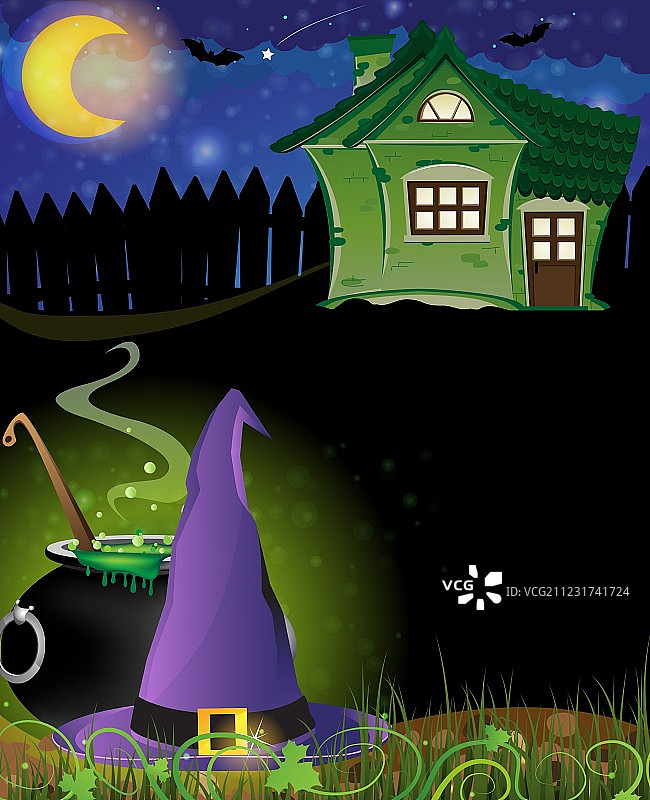 女巫帽、坩埚和鬼屋图片素材