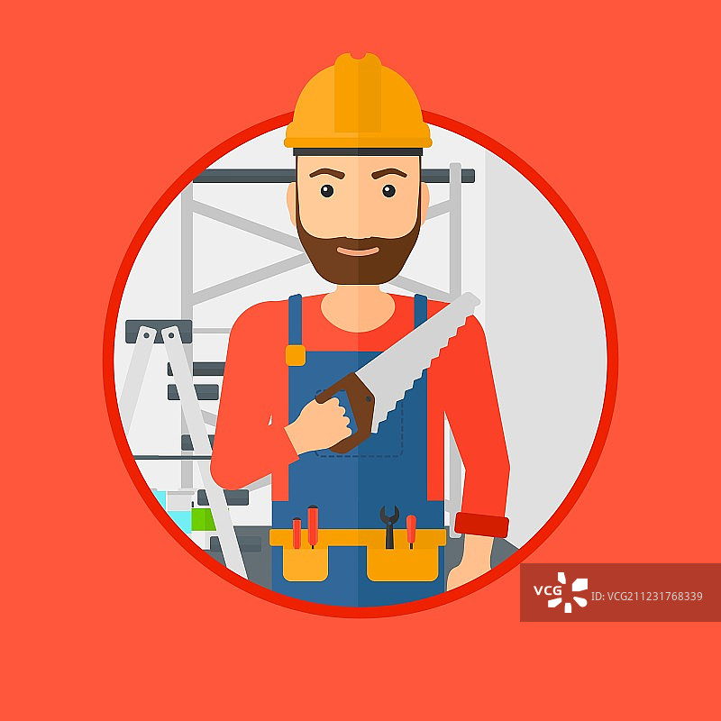 拿着锯子微笑的工人图片素材