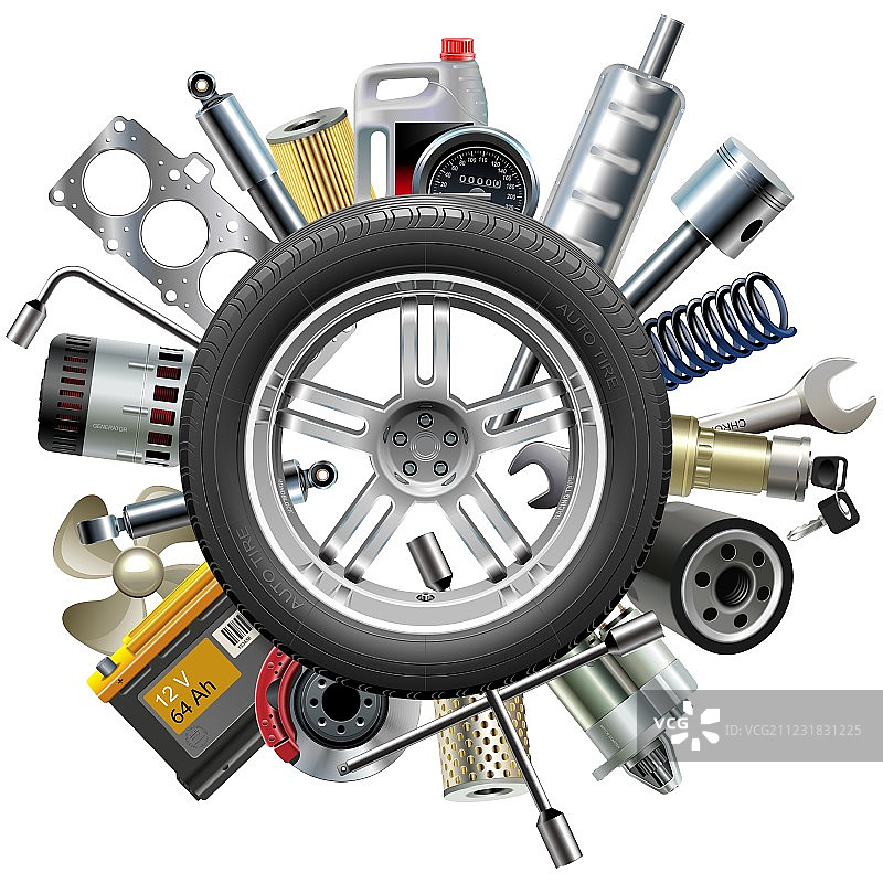 带有车轮的汽车备件概念图片素材