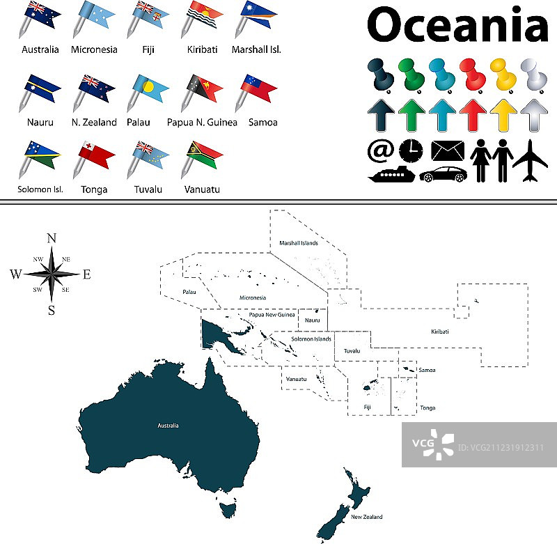 带有旗帜的小型大洋洲政治地图图片素材