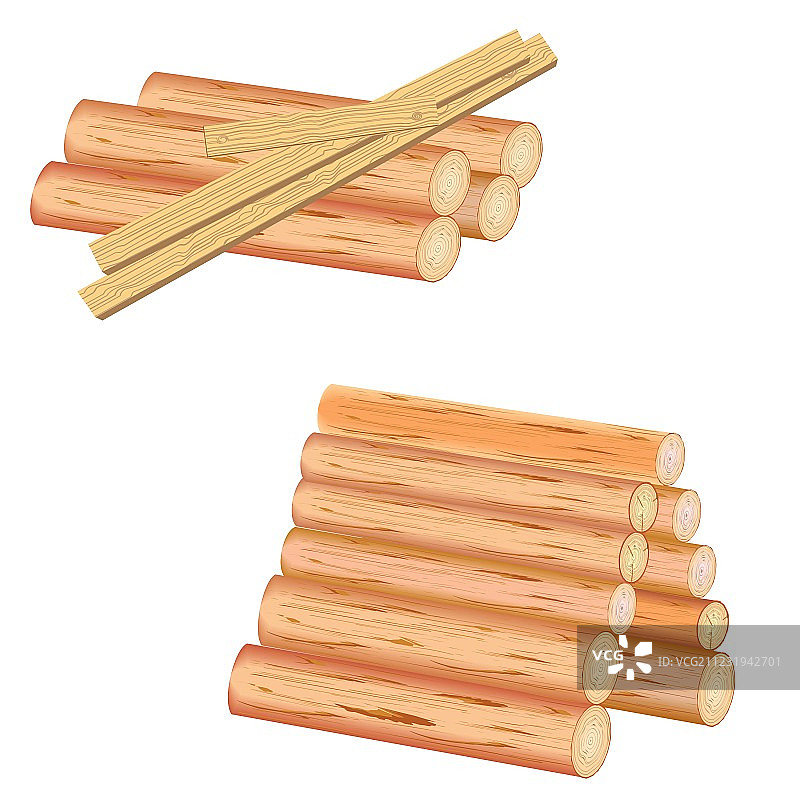 白色背景上的木头原木和木板图片素材