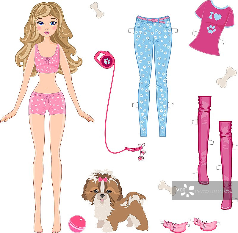 带衣服和小狗的纸娃娃图片素材