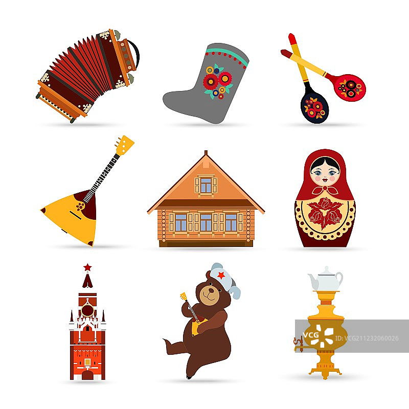 俄罗斯旅行彩色隔离扁平图标合集图片素材