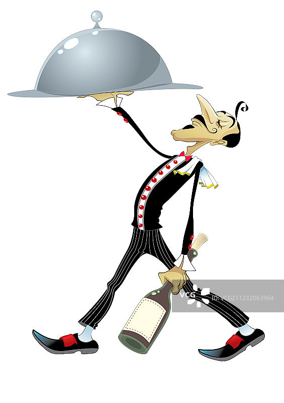 拿着一瓶葡萄酒和一道菜的滑稽服务员图片素材