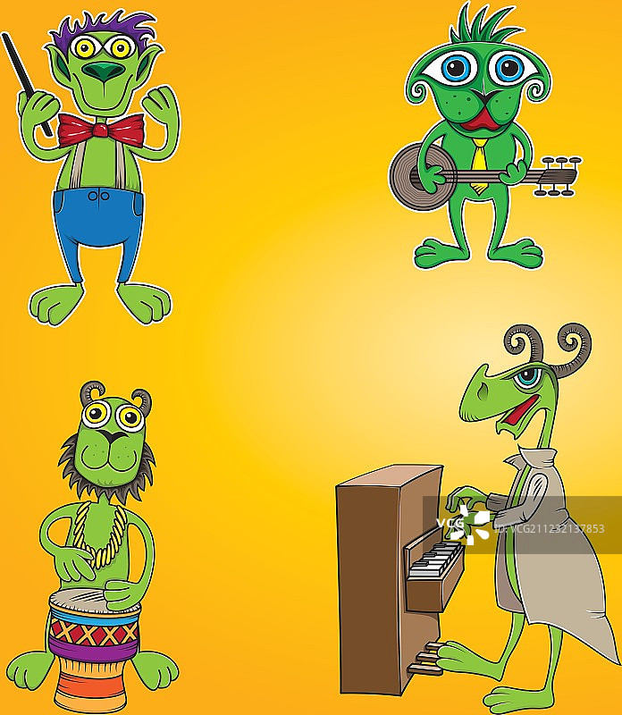 绿色外星人乐队（班卓琴、钢琴和鼓）图片素材