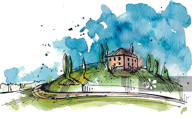 托斯卡纳山丘的水彩画图片素材