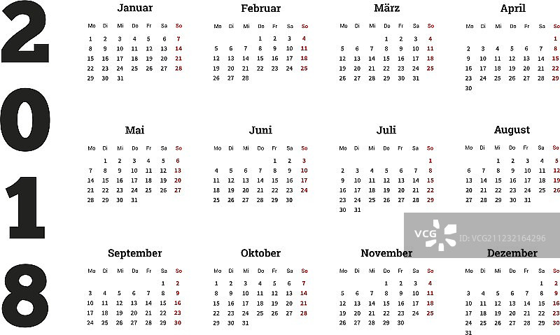 德语2018年简易日历图片素材