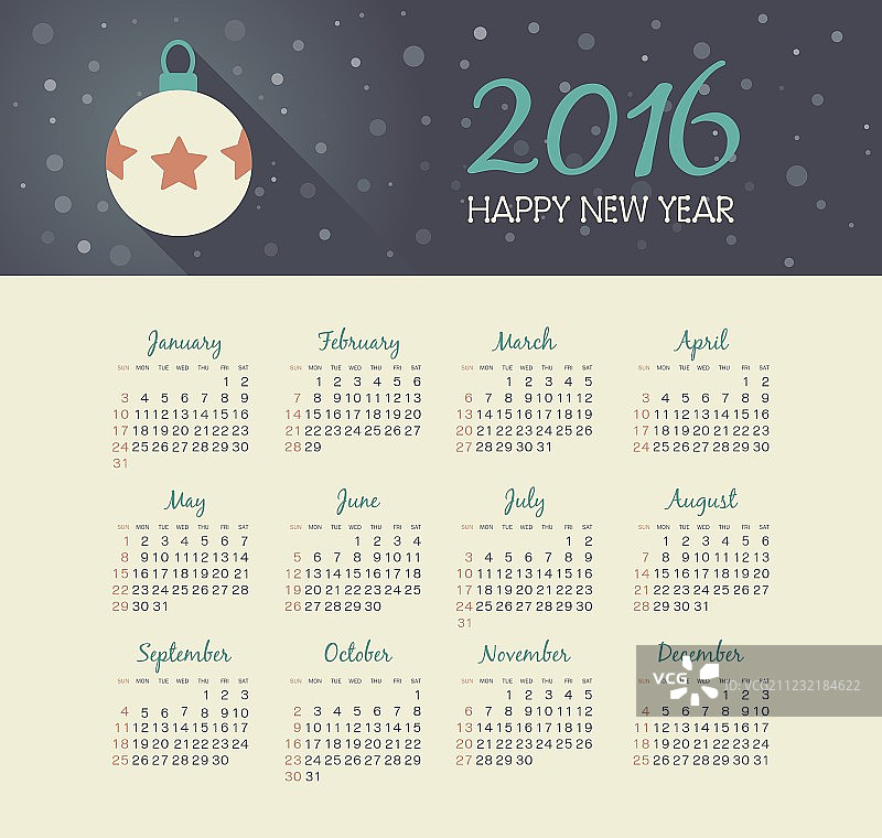 带圣诞球的2016年日历图片素材