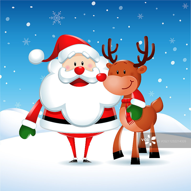 圣诞节里，圣诞老人和他的朋友驯鹿图片素材