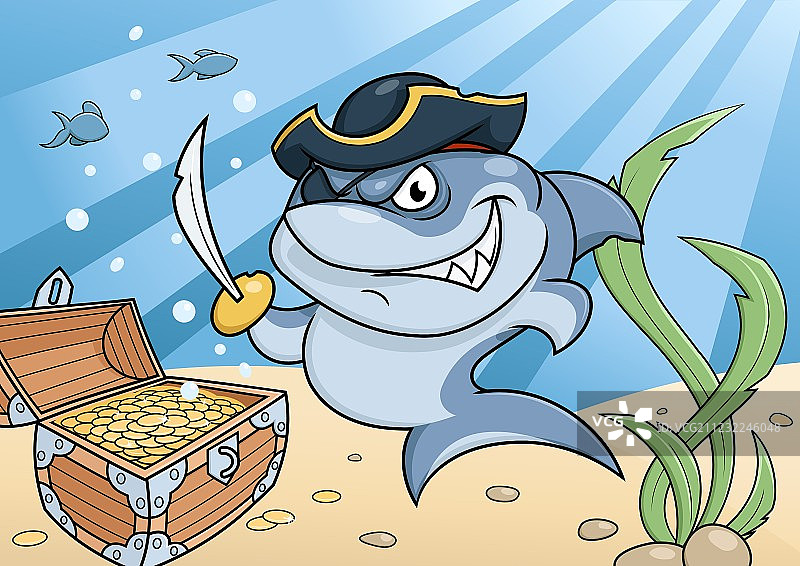 鲨鱼海盗和宝箱图片素材