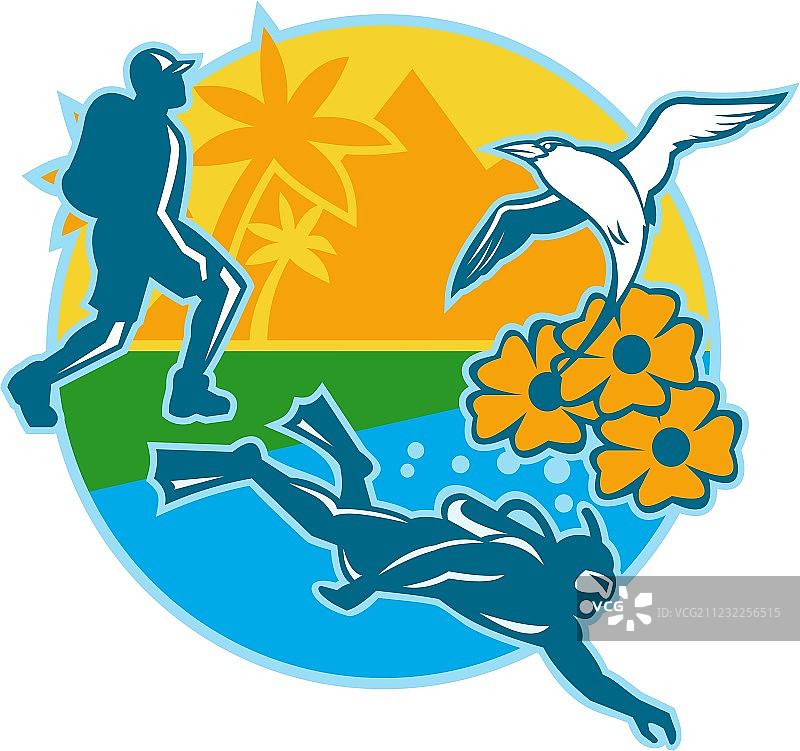 徒步者、水肺潜水员、岛屿热带鸟和鲜花复古风图片素材