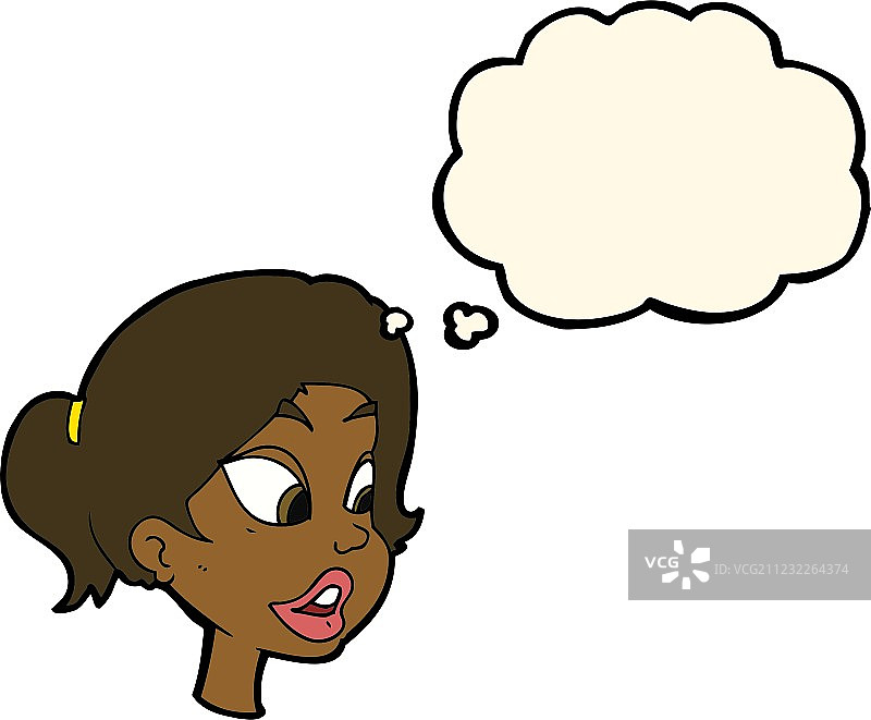卡通风格的友善女性与思考气泡图片素材