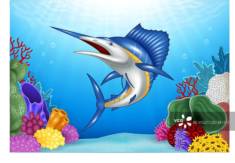 卡通蓝色马林鱼与水下珊瑚礁图片素材