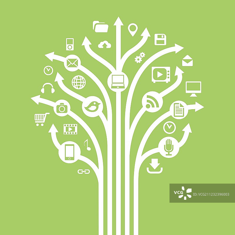 带有箭头的树上的电子设备和技术符号图片素材