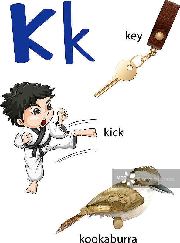字母K：钥匙、踢和笑翠鸟图片素材