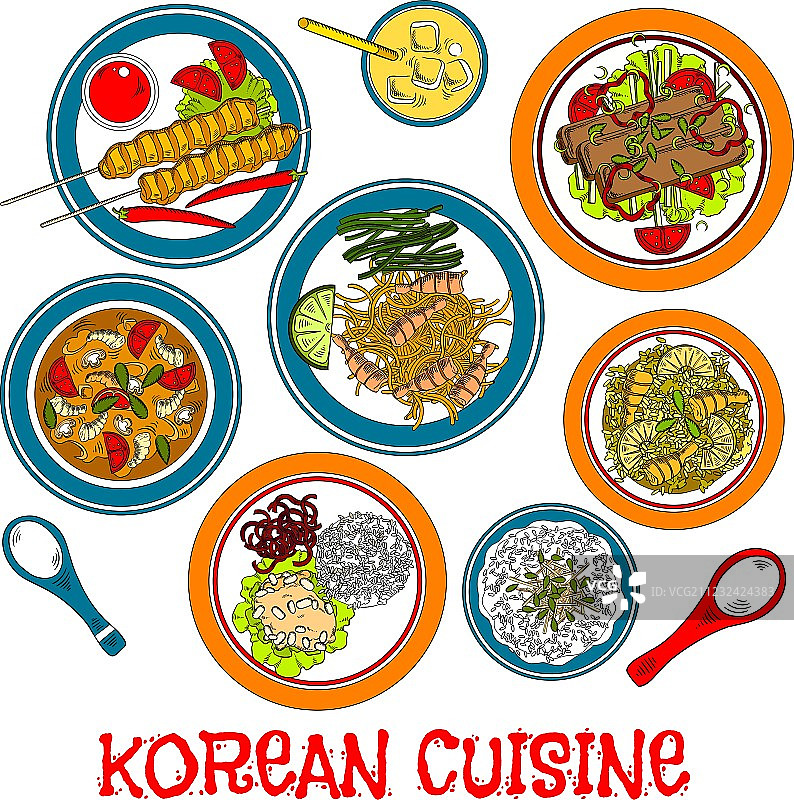 韩国烤肉海鲜菜肴草图图标图片素材