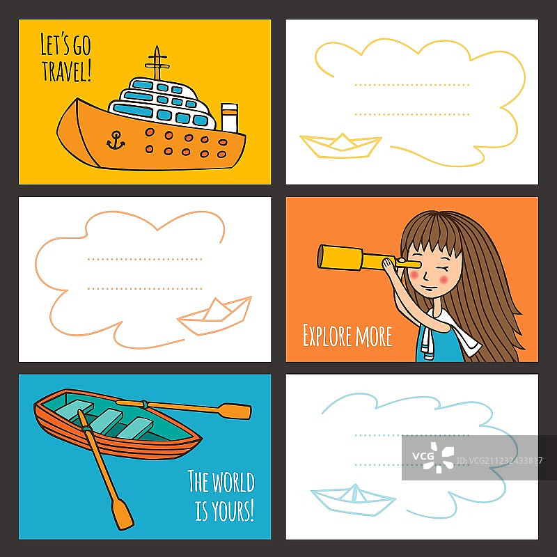 彩色卡片可爱女孩和船只图片素材