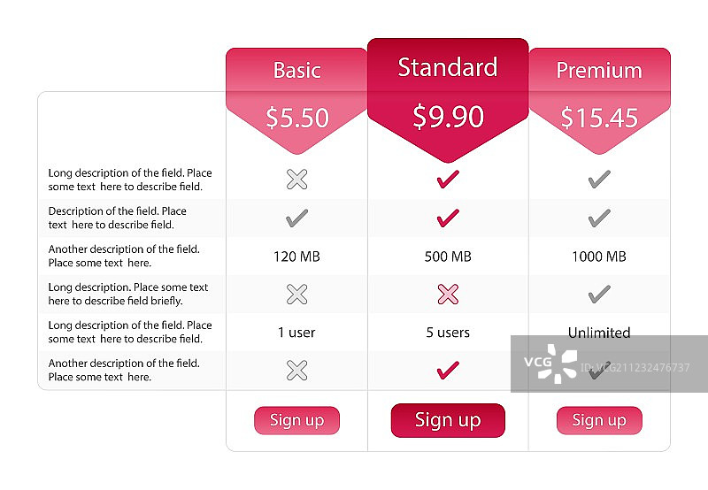 具有3个选项的浅色定价表图片素材