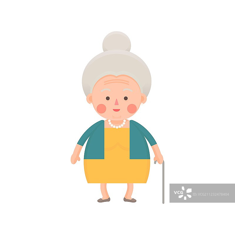 身穿黄色连衣裙，拄着拐杖的年长女性图片素材