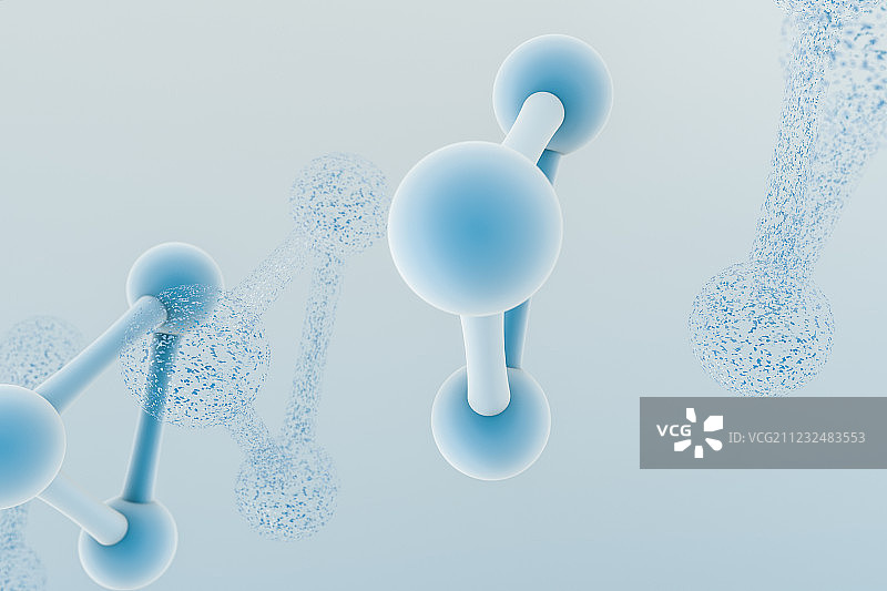 生物化学技术分子与浅蓝色背景，三维渲染图片素材