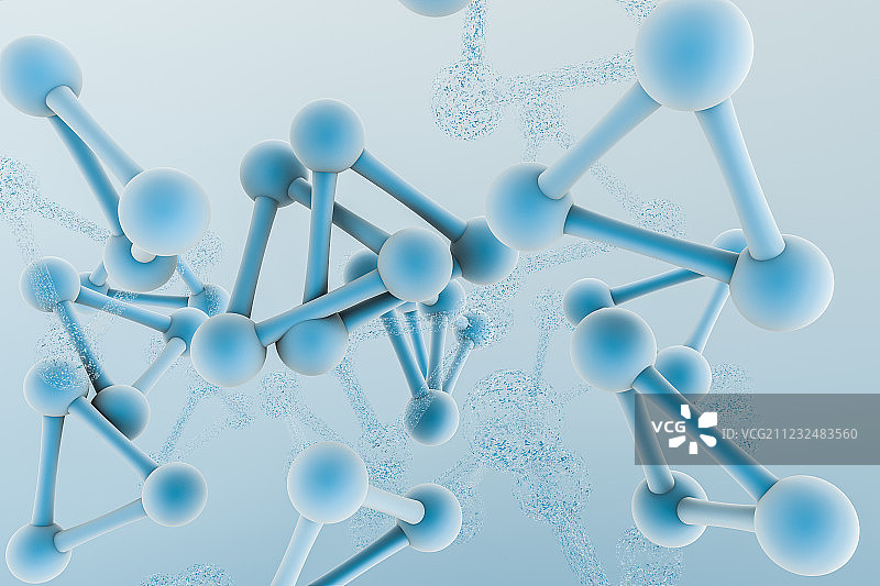 生物化学技术分子与浅蓝色背景，三维渲染图片素材