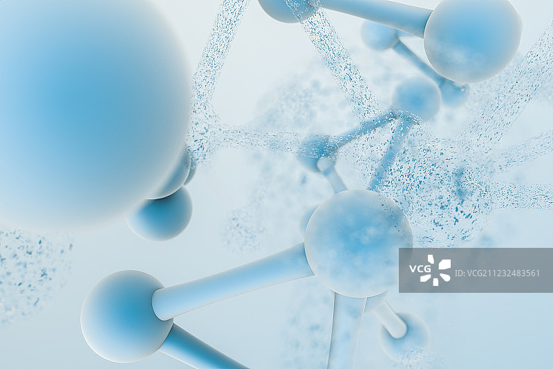生物化学技术分子与浅蓝色背景，三维渲染图片素材