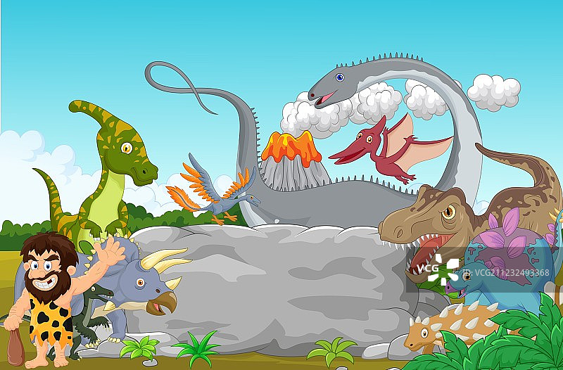 挥手致意的恐龙与穴居人素材图片素材