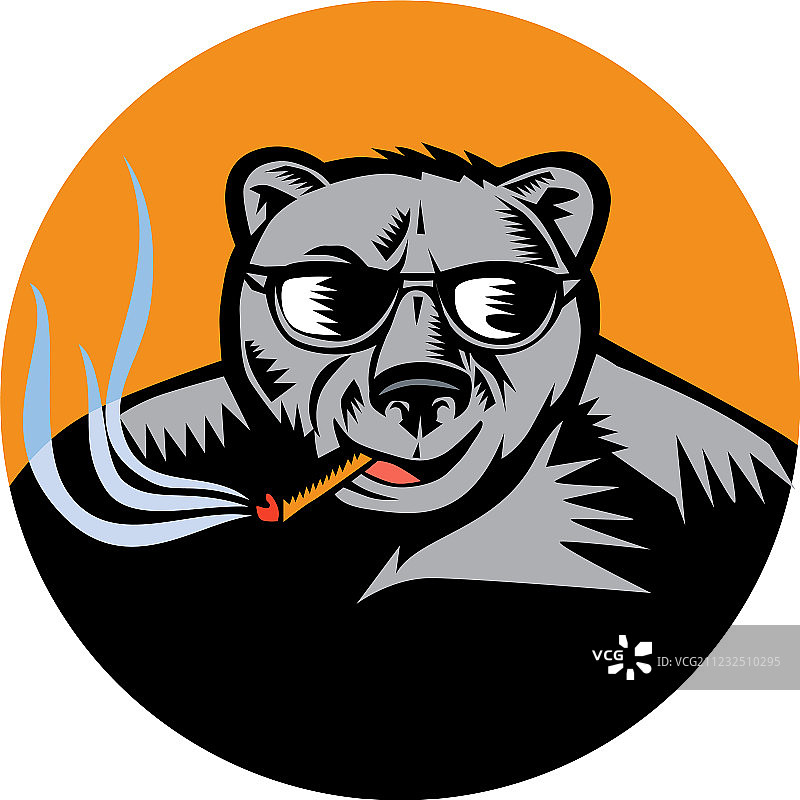 黑熊太阳镜雪茄圆形木刻图片素材