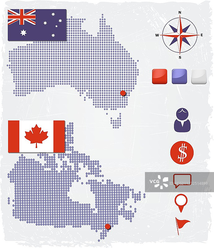 澳大利亚和加拿大虚线地图设计元素图片素材